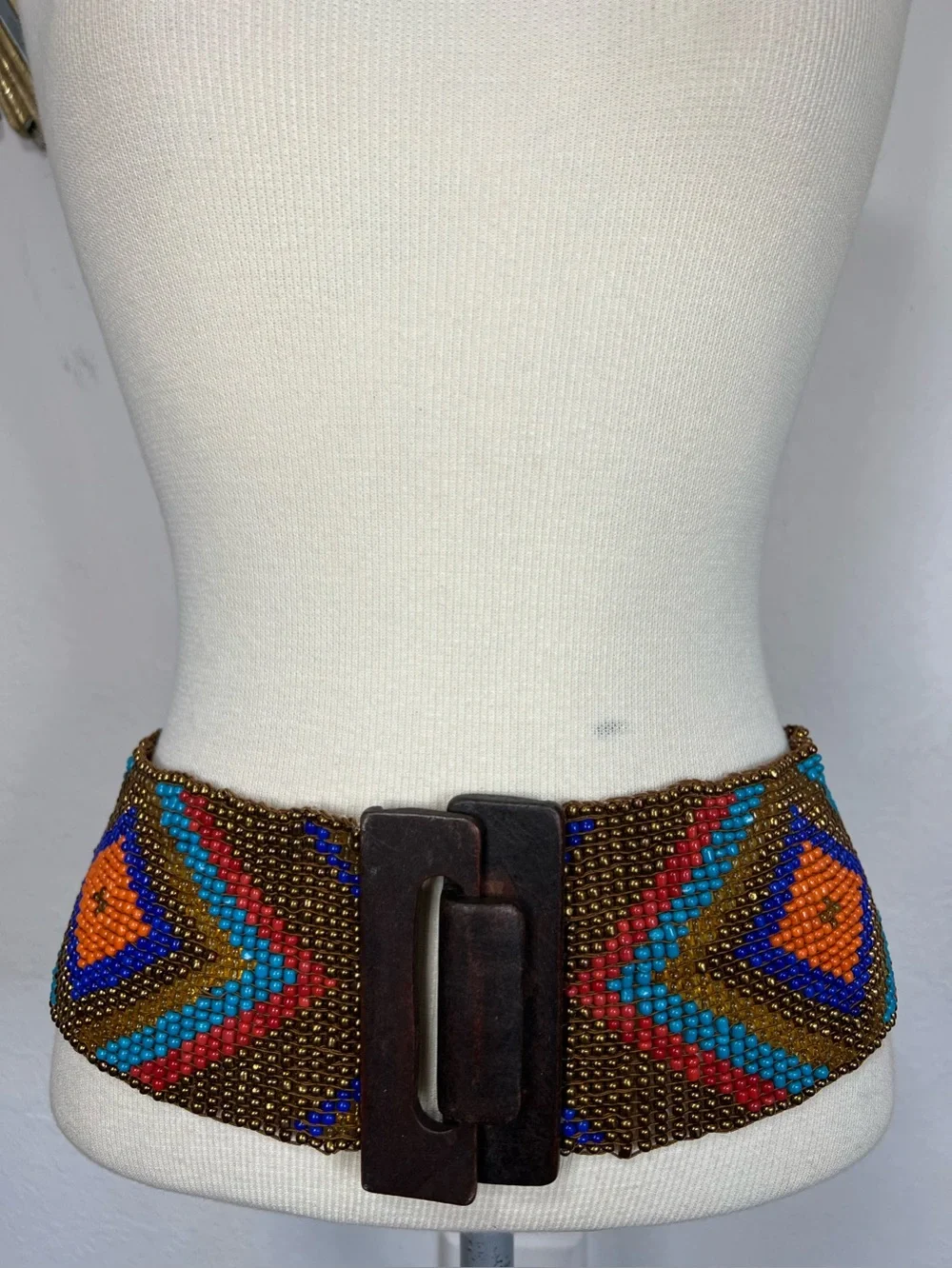Handmade Beaded Multicolor Wide Waist Belt with Wooden Buckle